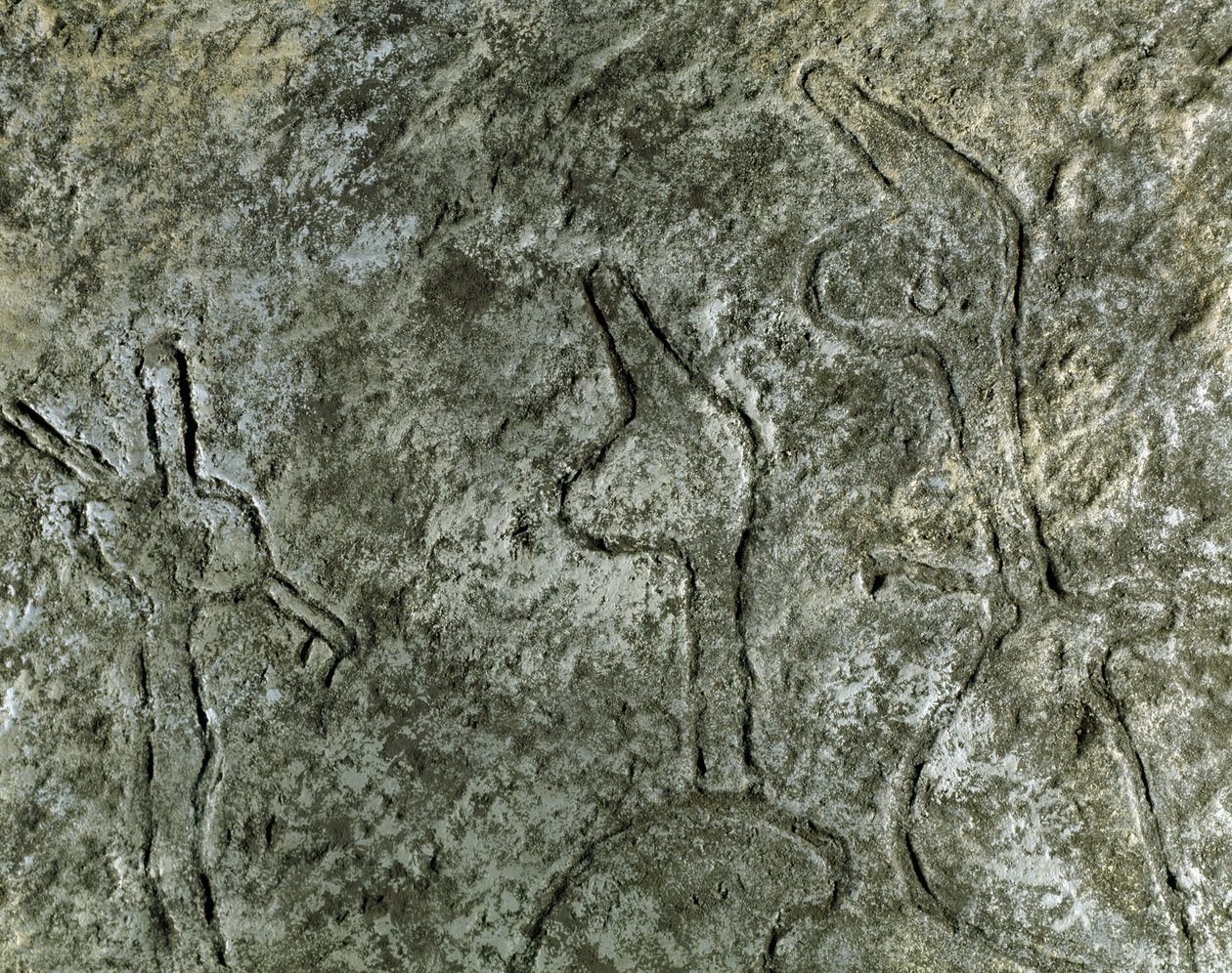 Prehistoria, sztuka naskalna: petroglif (graffiti na kamieniu) przedstawiający scenę polowania. neolit, epoka kamienia. (Azerbejdżan) Epoka brązu. Baku, Państwowe Muzeum Historii Religii Azerbejdżanu autorstwa Prehistoric Prehistoric