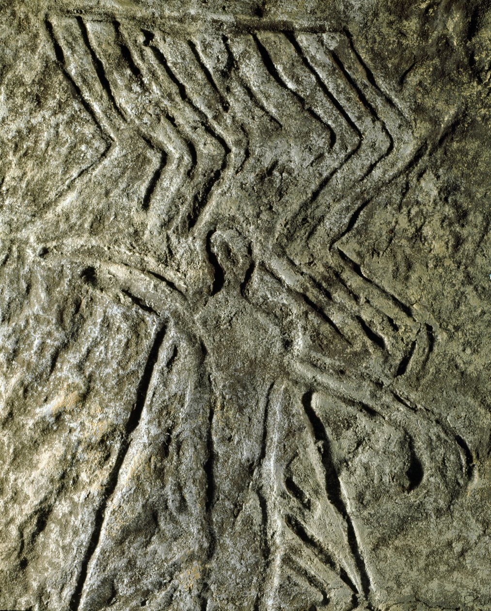 Prehistoria, sztuka naskalna: petroglif (graffiti na kamieniu) przedstawiający postać ludzką. neolit, epoka kamienia. (Azerbejdżan) Epoka brązu. Baku, Państwowe Muzeum Historii Religii Azerbejdżanu autorstwa Prehistoric Prehistoric