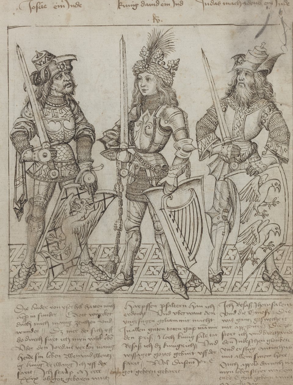 Jozue, król Dawid i Judas Maqboose autorstwa Primary Master of the Strassburg Chronicle