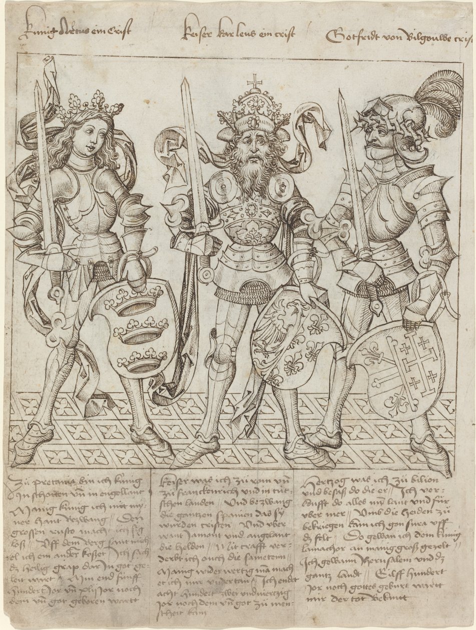 Król Artur, Karol Wielki i Godfrey z Boulogne autorstwa Primary Master of the Strassburg Chronicle
