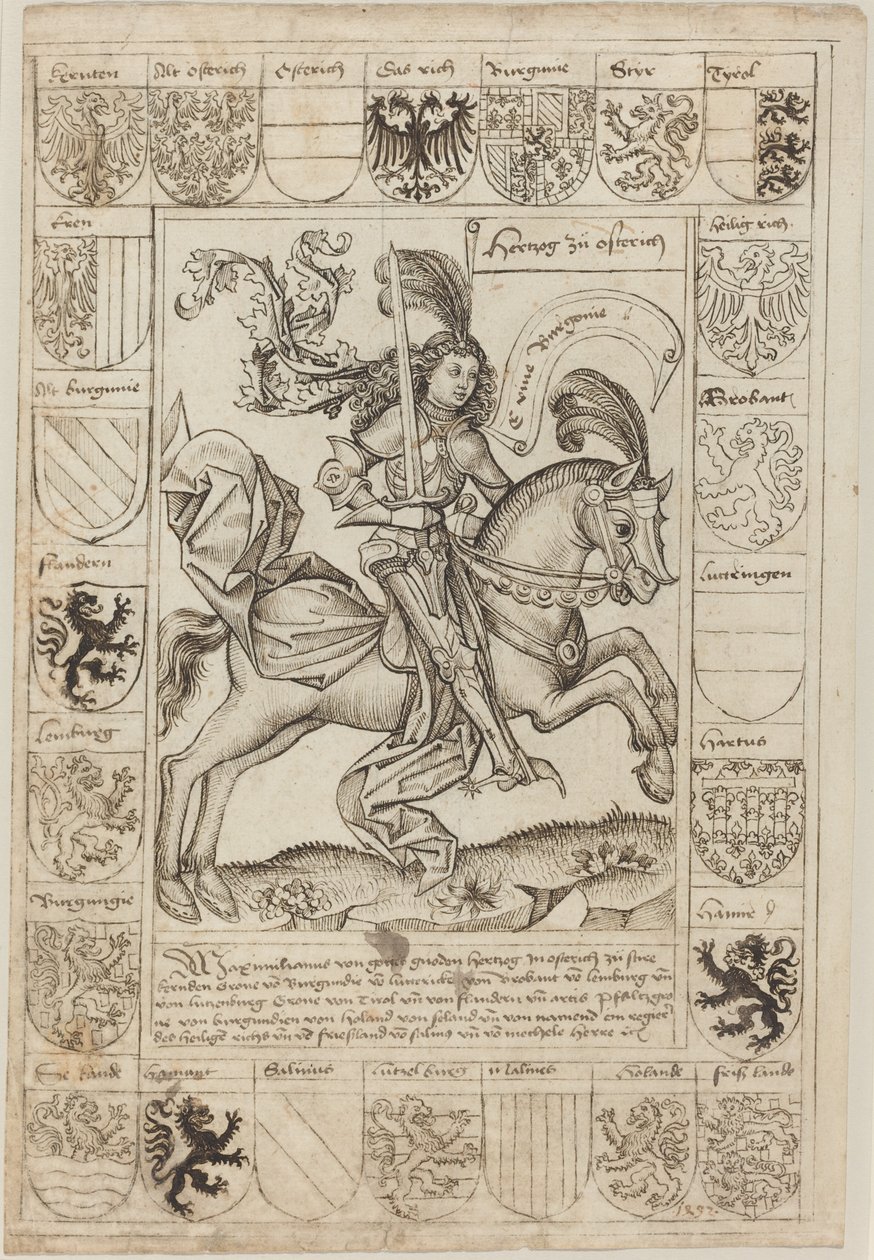 Maksymilian, książę Austrii, na koniu autorstwa Primary Master of the Strassburg Chronicle