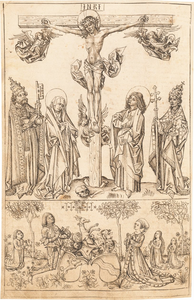 Ukrzyżowanie z Dziewicą i Świętymi oraz Rodziną Hungerstein autorstwa Primary Master of the Strassburg Chronicle