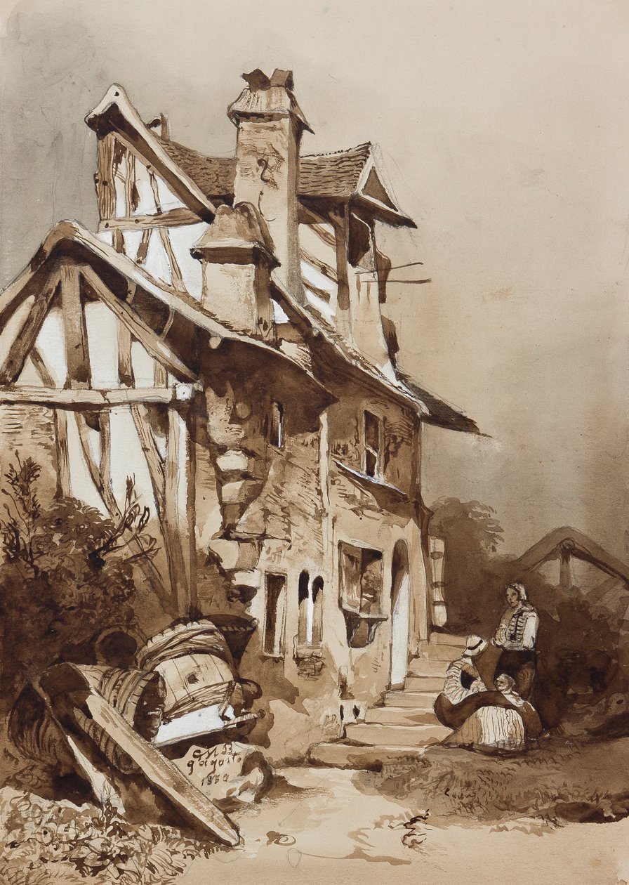 Malowniczy domek w północnej Francji, z dodatkami instruktora, ołówek 1854, sepia, gwasz na papierze autorstwa Prince Gaetano Maria Federico di Borbone