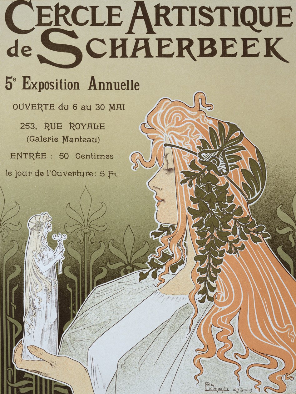 Reprodukcja plakatu reklamującego „Koło Artystyczne Schaerbeeka, V Wystawa Doroczna”, Galerie Manteau, 1897 autorstwa Privat Livemont