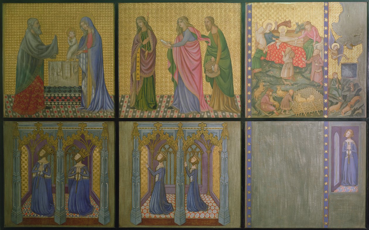 Rekonstrukcja ściany malowidła pierwotnie znajdującego się w kaplicy św. Szczepana, przedstawiającego królową Filipę (ok. 1314-69) i jej córki autorstwa Professor Ernest Tristram