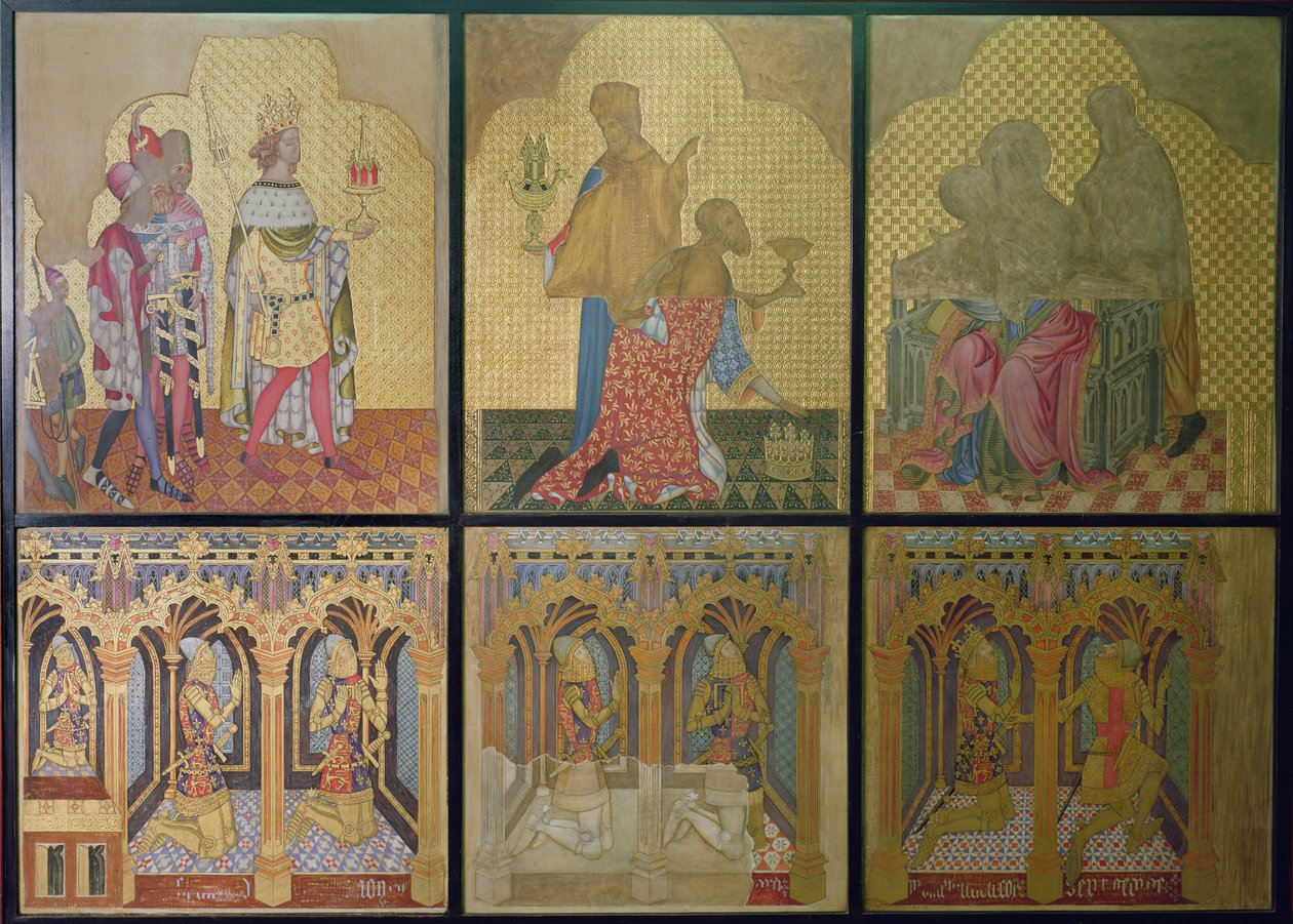 Reconstrução de uma pintura de parede originalmente na Capela de Santo Estêvão retratando na linha inferior da esquerda para a direita: Thomas Woodstock (1355-97), Edmund Langley, John of Gaunt (1340-99), Lionel (1338-68), Edward, The Black Prince ( 1330-7 autorstwa Professor Ernest Tristram