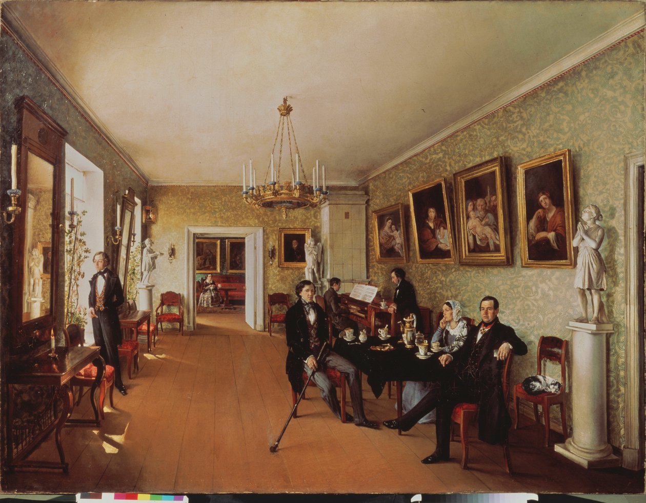 Scena rodzinna (codzienne zajęcia w porze podwieczorku, niektórzy grają na pianinie, inni słuchają, kobieta w tle szyje) - Scena rodzinna - Obraz Prokofiego Jegorowicza Puszkariewa (Puszkijewa) (?-po 1856), h autorstwa Prokophy Egorovich Pushkaryev