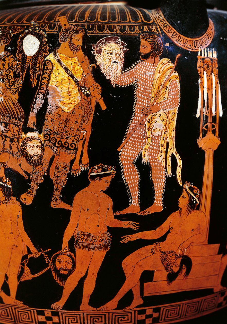 Wazon Pronomos, krater z czerwonymi figurami. Szczegółowo przedstawiający Herkulesa (Heraklesa), przygotowania do satyrycznego dramatu w obecności Dionizosa i Ariany, postacie trzymają maski teatralne. 400 pne. Neapol, Museo Archeologico Nazionale autorstwa Promonos Painter
