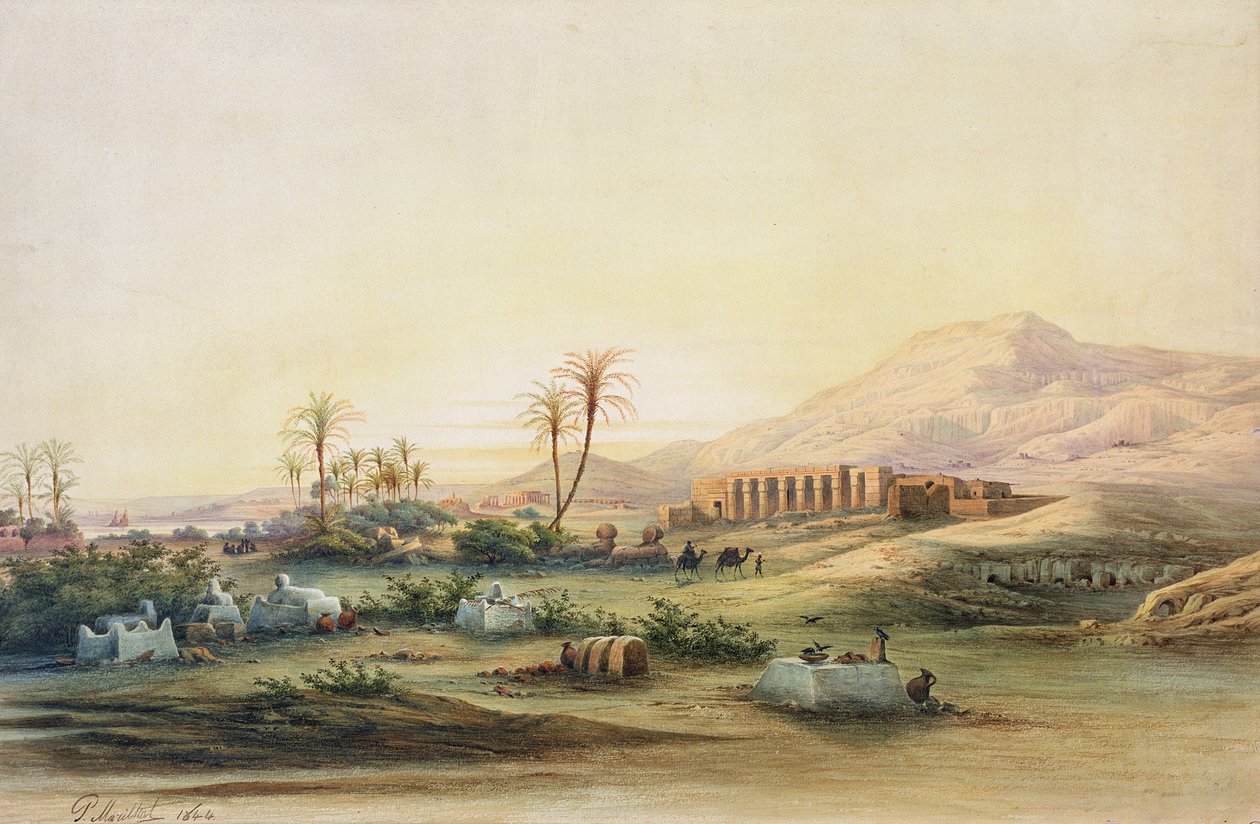 Dolina Nilu z ruinami świątyni Seti I, 1844 (ołówek i wc na papierze) autorstwa Prosper Georges Antoine Marilhat