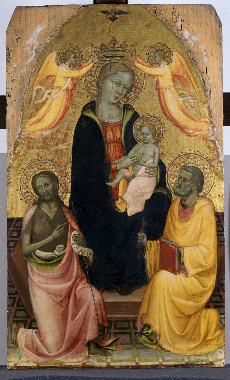 Madonna z Dzieciątkiem na tronie koronowana przez dwóch Aniołów, Jana Chrzciciela i Piotra Apostoła, ok. 1410-20 (tempera na drewnie topoli) autorstwa Pseudo Baldese Pseudo Baldese