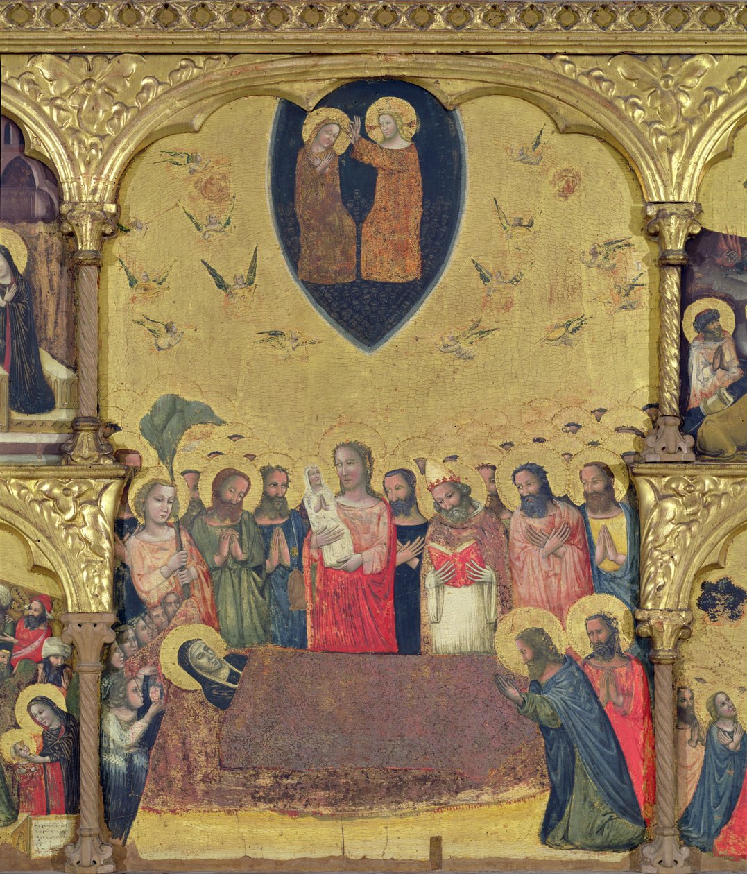 Poliptyk Zaśnięcia NMP, detal Zaśnięcia i Koronacji (tempera na płycie) autorstwa Pseudo Jacopino di Francesco