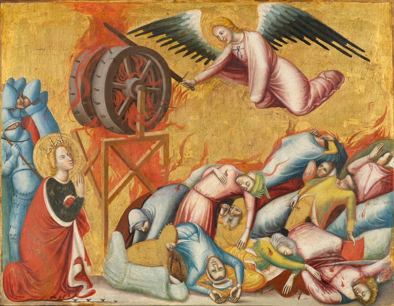 Katarzyna Aleksandryjska wyzwolona z koła, ok. 1325-1330 (tempera i złote liście na płycie) autorstwa Pseudo Jacopino di Francesco