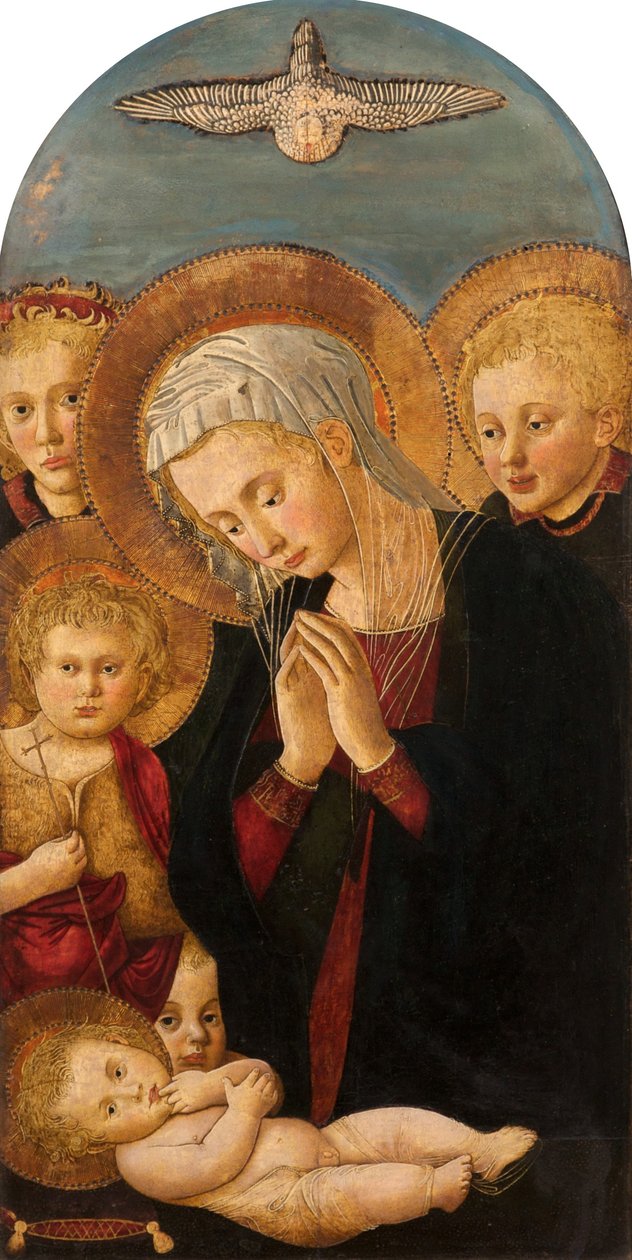 Madonna Adorująca Dzieciątko, ze św. Janem Chrzcicielem i aniołami, ok. 1480-1500 autorstwa Pier Francesco Fiorentino