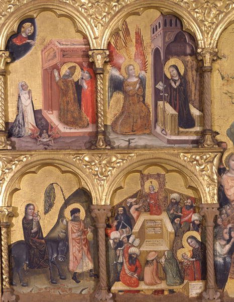Poliptyk Zaśnięcia Marii, fragment św. Grzegorza Wielkiego (540-604) Modlącego się o wyzwolenie duszy Trajana (53-117) z czyśćca, Zwiastowanie, Ucieczka do Egiptu i Jezus z Lekarzami ( tempera na panelu) autorstwa Pseudo Jacopino di Francesco