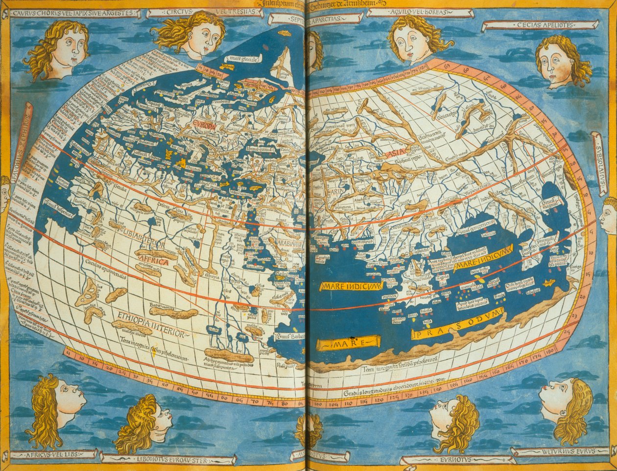 Mapa świata na podstawie opisów i współrzędnych podanych w „Geographia” wydanej po raz pierwszy w Ulm, Niemcy, 1482 autorstwa Ptolemy
