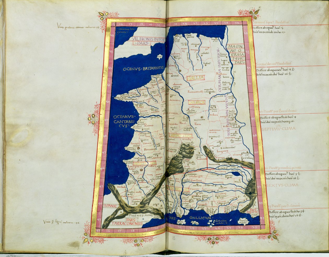 Ms Lat 463 fol.81v-82r Mapa Galii, Belgii, Lyonu i Akwitanii autorstwa Ptolemy