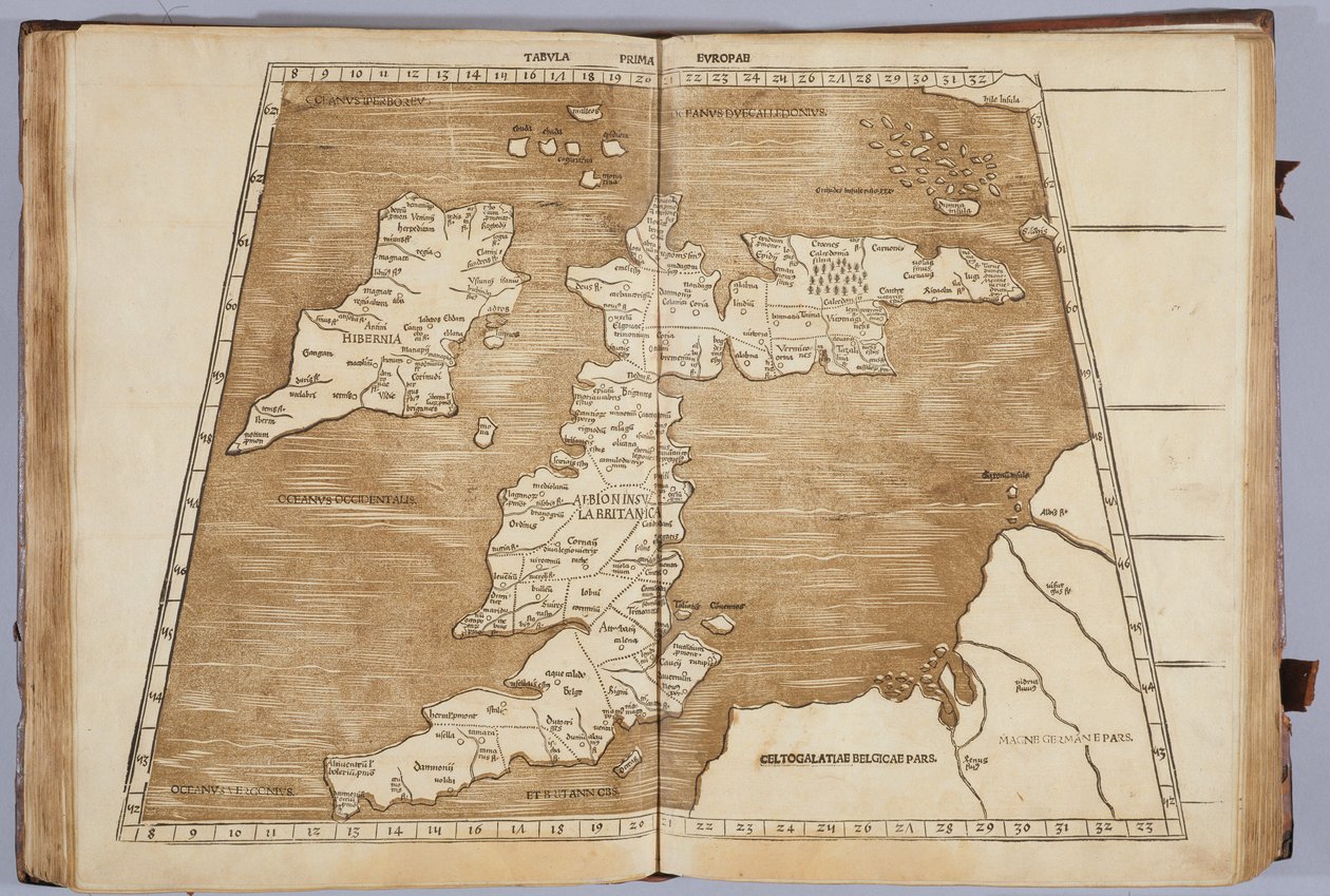 Pierwsza mapa Europy z „Dzieła geograficznego, ostatniej transdukcji Greków z najbardziej rygorystycznie wytłoczonymi oryginałami”, wydrukowana przez Johanna Scotta w 1513 r. autorstwa Ptolemy