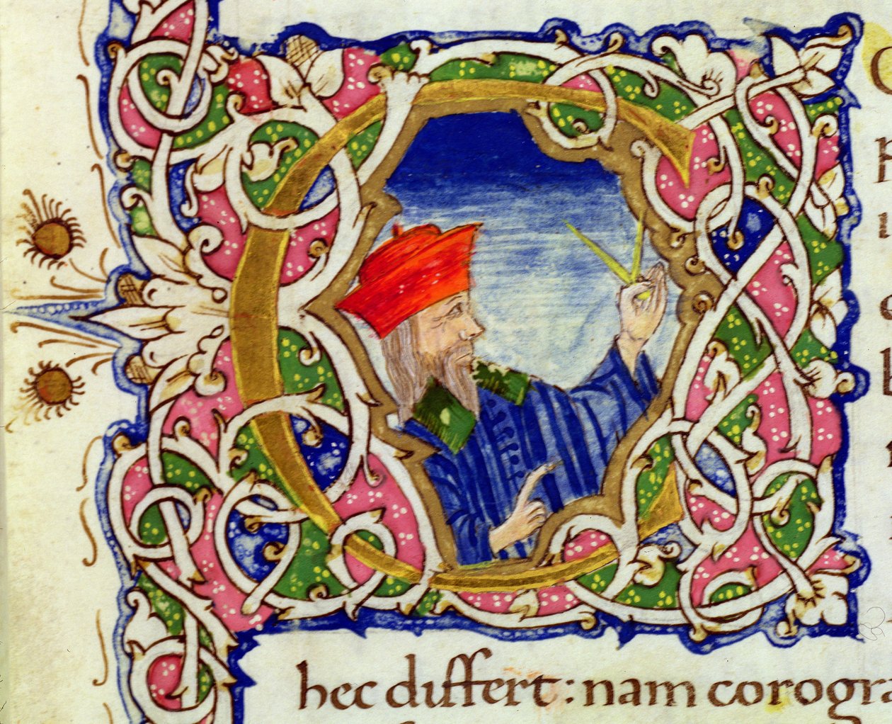 Ms Lat 463 fol.21r Historyczny inicjał „C” z portretem Ptolemeusza (ok. 90-168) z Mapy Świata autorstwa Ptolemy
