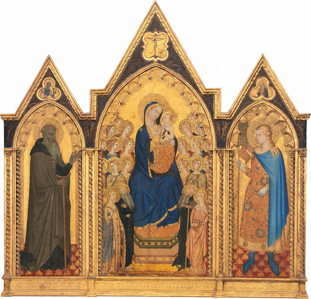 Madonna z Dzieciątkiem na tronie ze świętymi i aniołami oraz świętymi Antonim Opatem i Wenancjuszem [cały tryptyk] autorstwa Puccio di Simone and Allegretto Nuzi