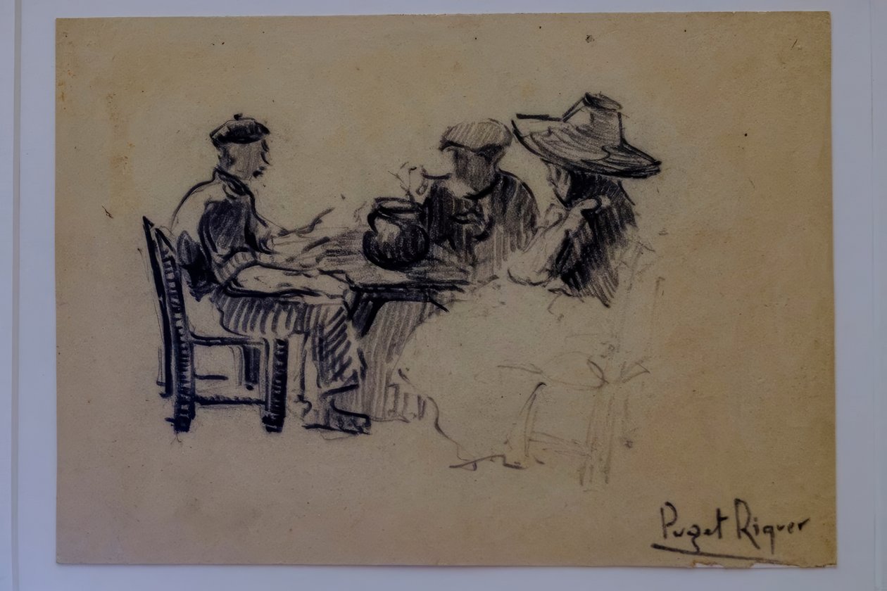 postacie siedzące, Narcís Puget Riquer, rysunek węglem, muzeum Puget, szlachecki dom Can LLaudis, Dalt Vila, Ibiza, Baleary, Hiszpania autorstwa Puget Riquer