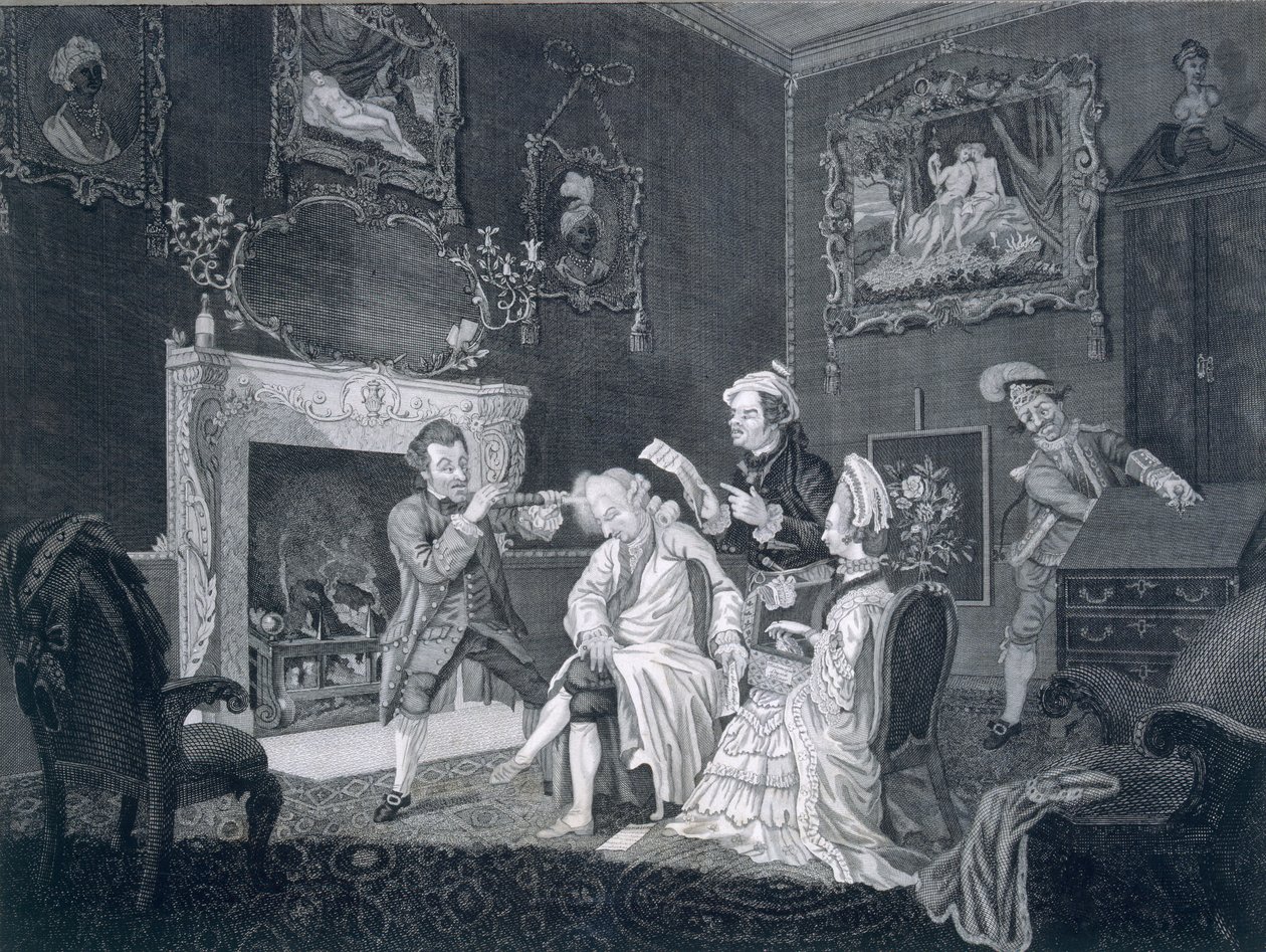 Służący odwracają uwagę próżnego starca, podczas gdy inny kradnie z biurka, grawerowane przez Goldara, 1771 autorstwa Pugh
