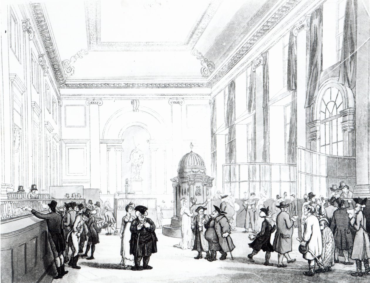 د انګلستان بانک، لوی تالار، د اکرمن د لندن مایکروکوزم څخه، 1809 (ایکواټینټ) پولی autorstwa Pugin and Rowlandson