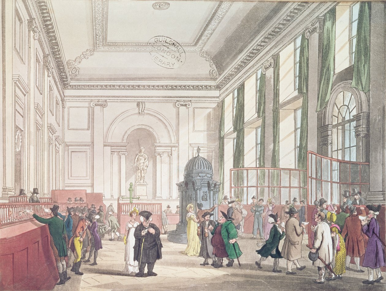 Bank of England, Great Hall, z „Mikrokosmosu Londynu” Ackermanna, 1809 (akwatinta) autorstwa Pugin and Rowlandson