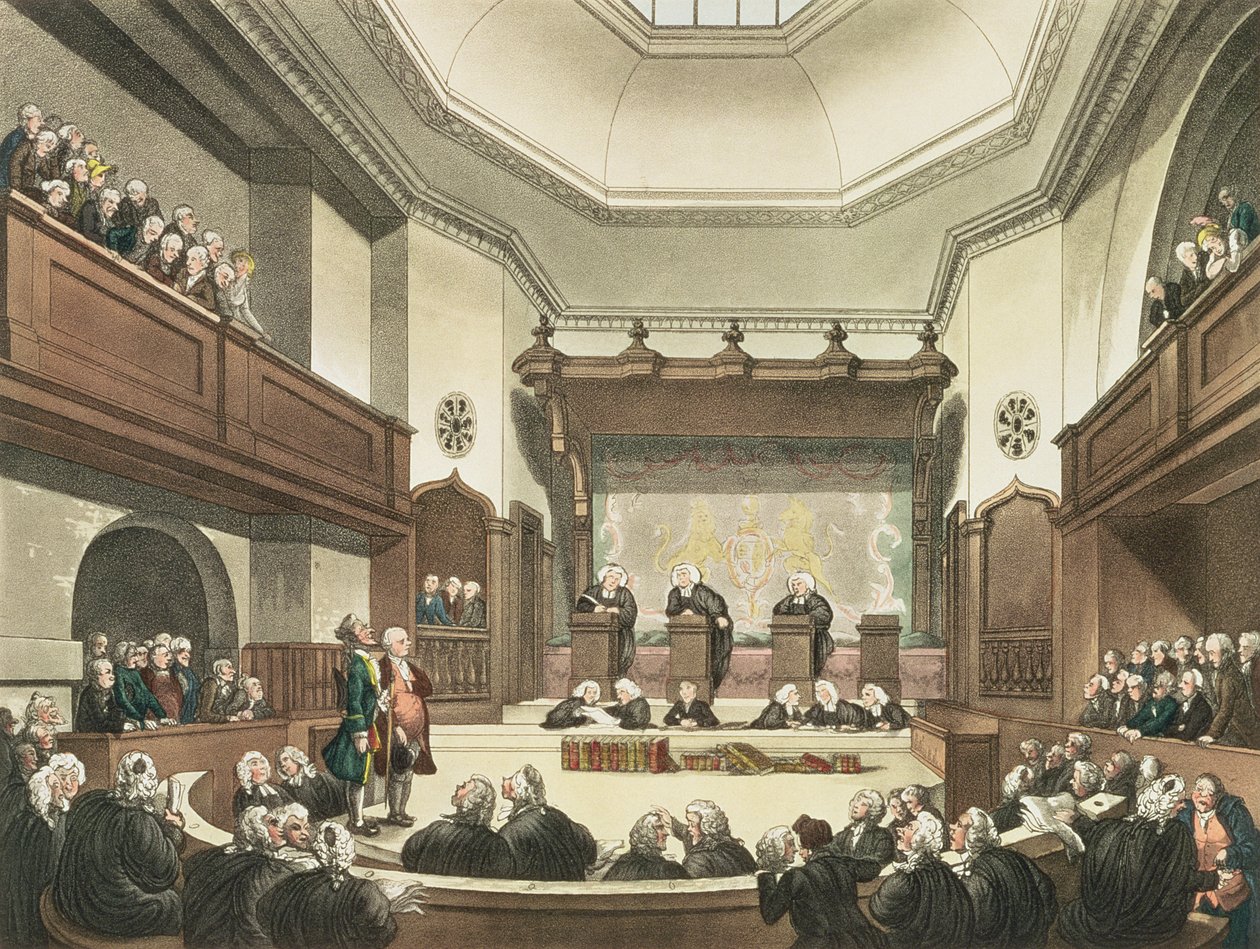 Court of Common Pleas, Westminster Hall, z „Mikrokosmosu Londynu”, ryt. J. C. Stadler (fl.1780-1812), wyd. R. Ackermann (1764-1834) 1808 (akwatinta) autorstwa Pugin and Rowlandson