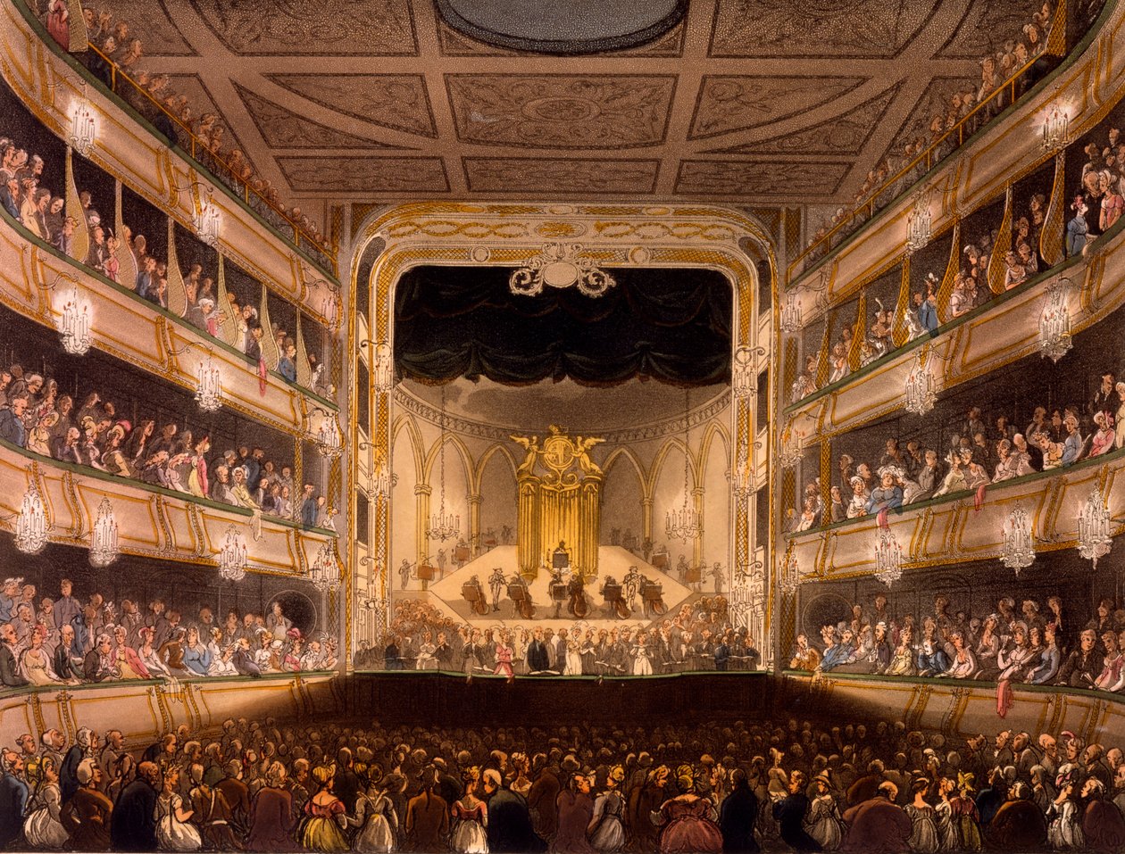 Covent Garden Theatre, z Microcosm of London autorstwa R Ackermann, 1808 (akwatinta ręcznie kolorowana) autorstwa Pugin and Rowlandson