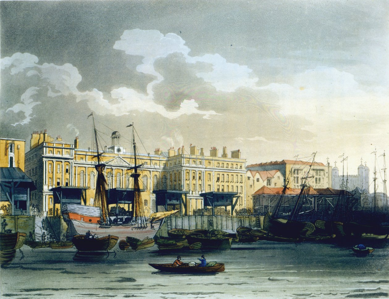 Dom celny nad Tamizą, z „Mikrokosmosu Londynu” Ackermanna, sztychowany przez Johna Blucka (fl.1791-1819), 1808 (akwatinta) autorstwa Pugin and Rowlandson