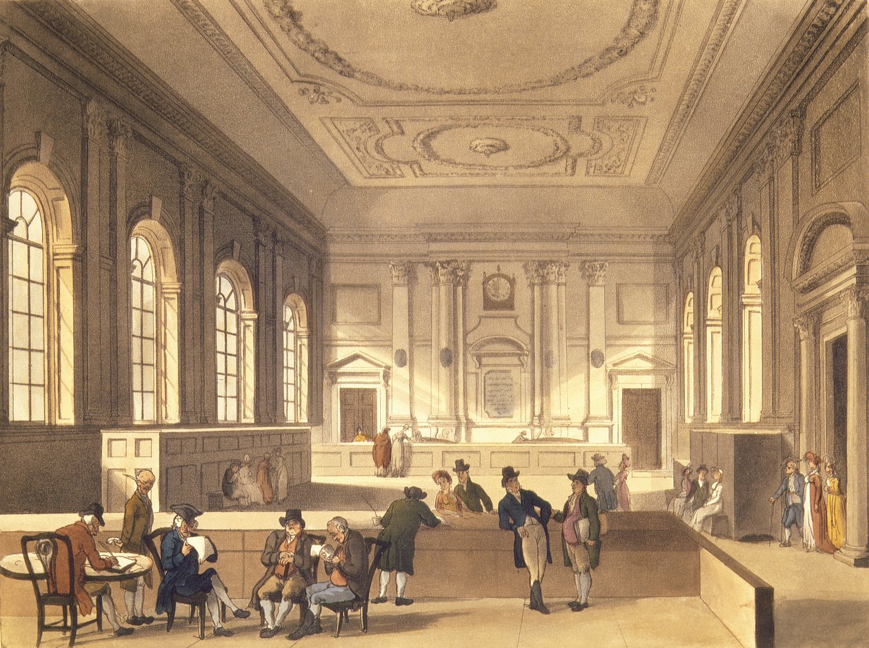 Hala Dywidendowa w South Sea House, wyd. R. Ackermann, 1810 (akwatinta) autorstwa Pugin and Rowlandson