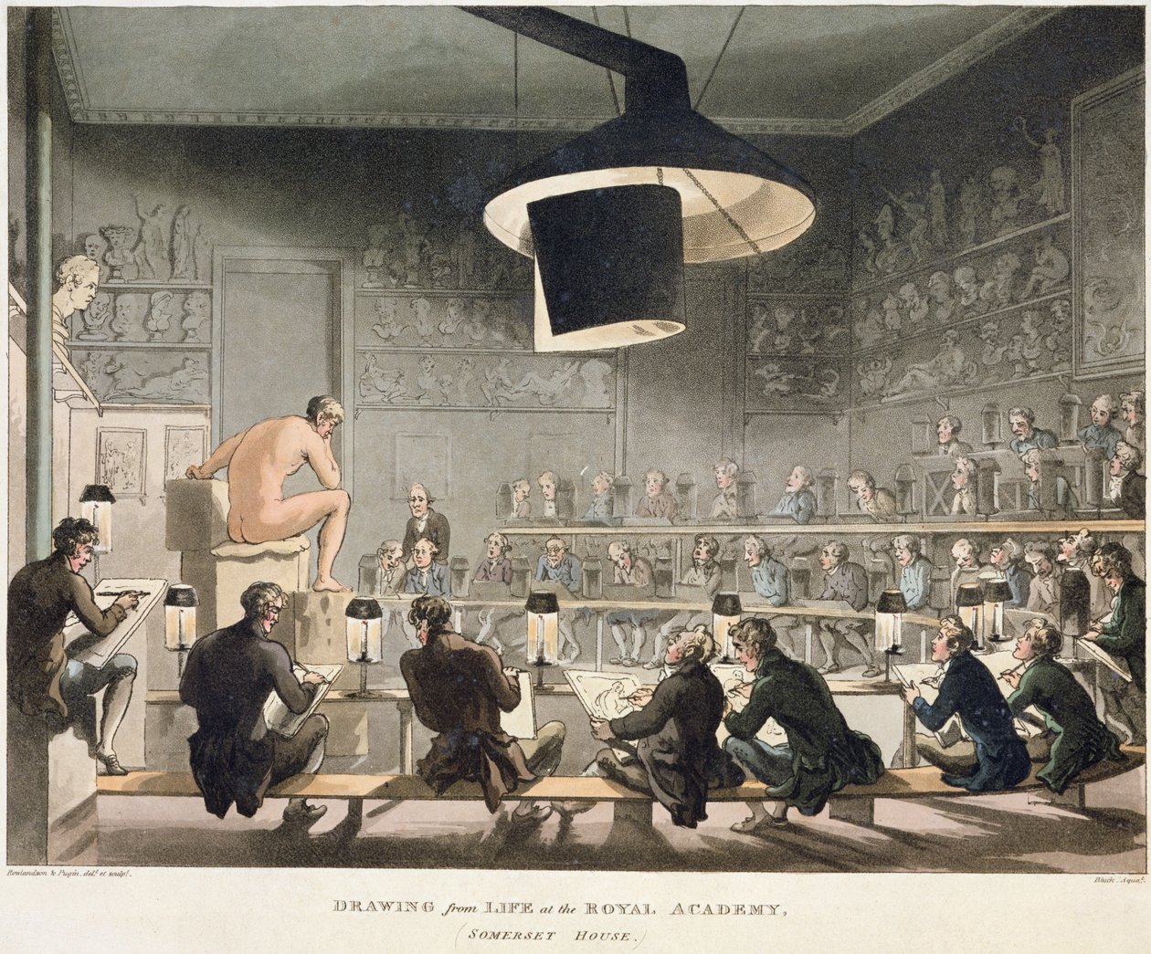 Rysunek z życia w Akademii Królewskiej (kolorowy grawerunek) autorstwa Pugin and Rowlandson