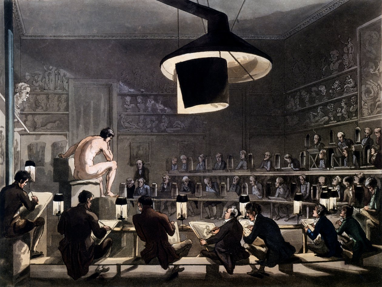 Rysunek z życia w Akademii Królewskiej, Somerset House, Londyn, z Mikrokosmosu Londynu R. Ackermanna, 1810 (akwatinta barwna) autorstwa Pugin and Rowlandson
