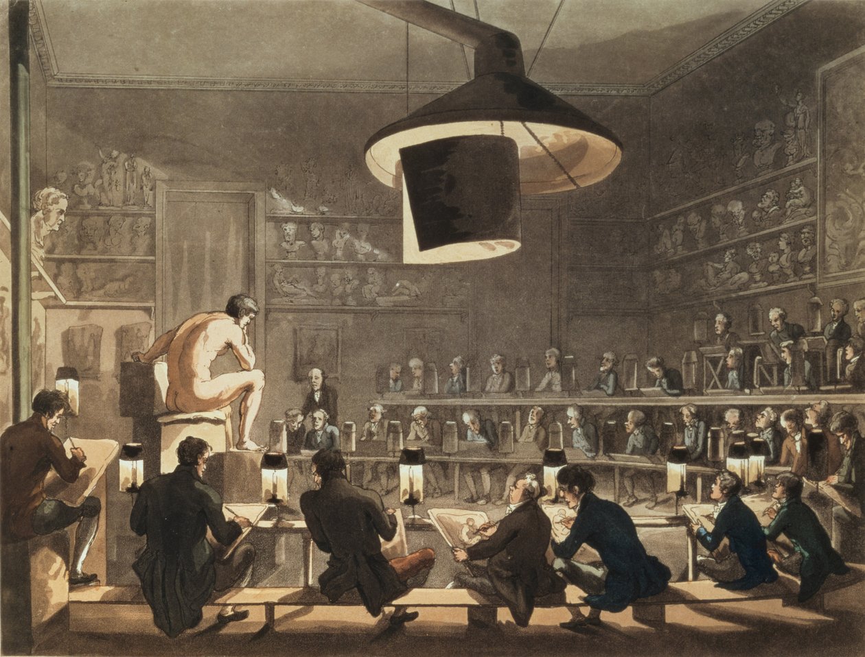Rysunek z życia w Akademii Królewskiej, wyryty przez Richarda Banksa Harradena (1778-1862) (akwatinta) autorstwa Pugin and Rowlandson