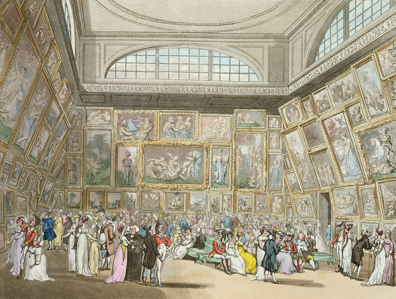 Sala wystawowa, Somerset House, z „Mikrokosmosu Londynu Ackermanna”, 1808 (kolorowa akwatinta) autorstwa Pugin and Rowlandson