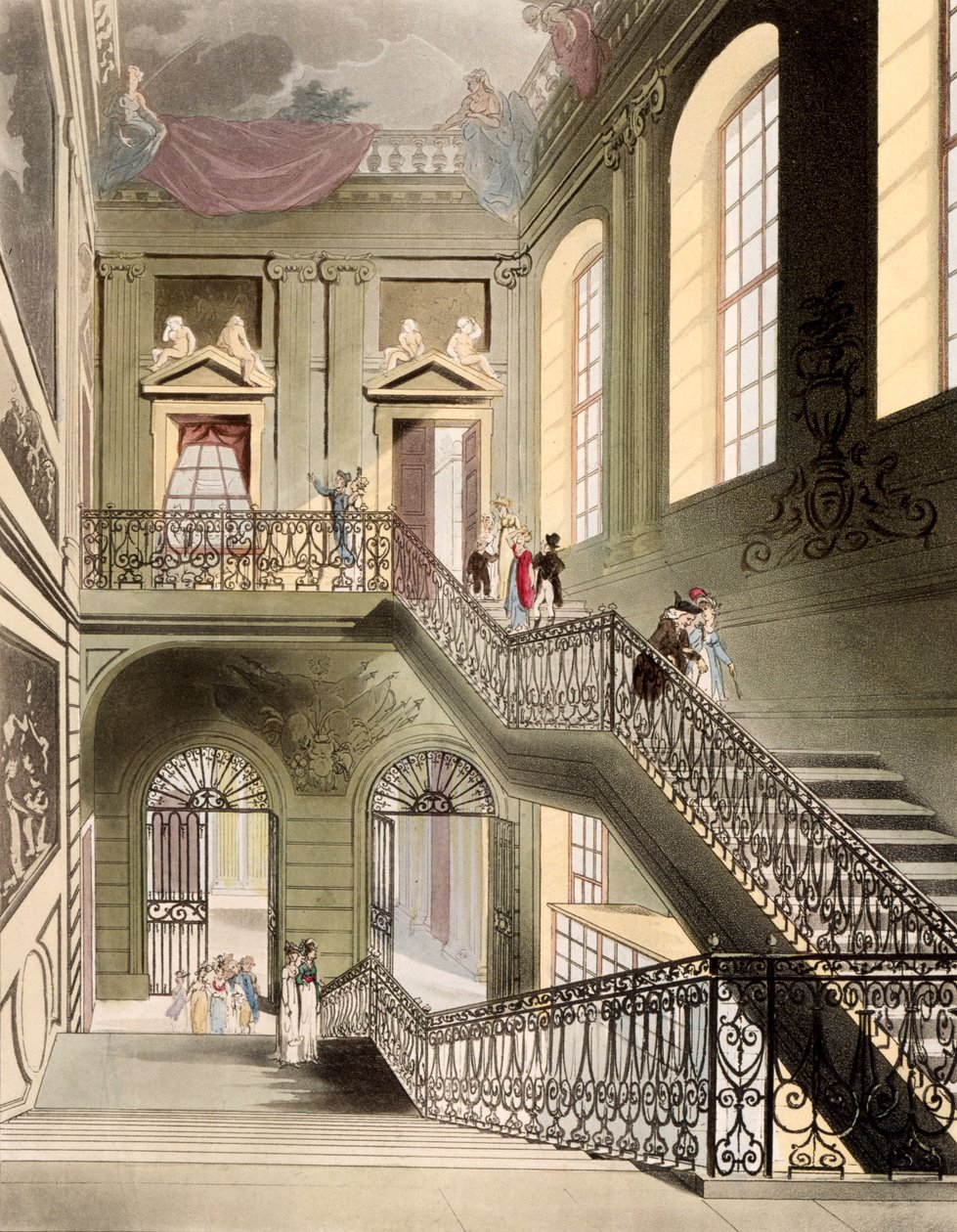 Hall and Staircase w British Museum, z książki „Microcosm of London” wydanej przez R. Ackermanna 1808 autorstwa Pugin and Rowlandson