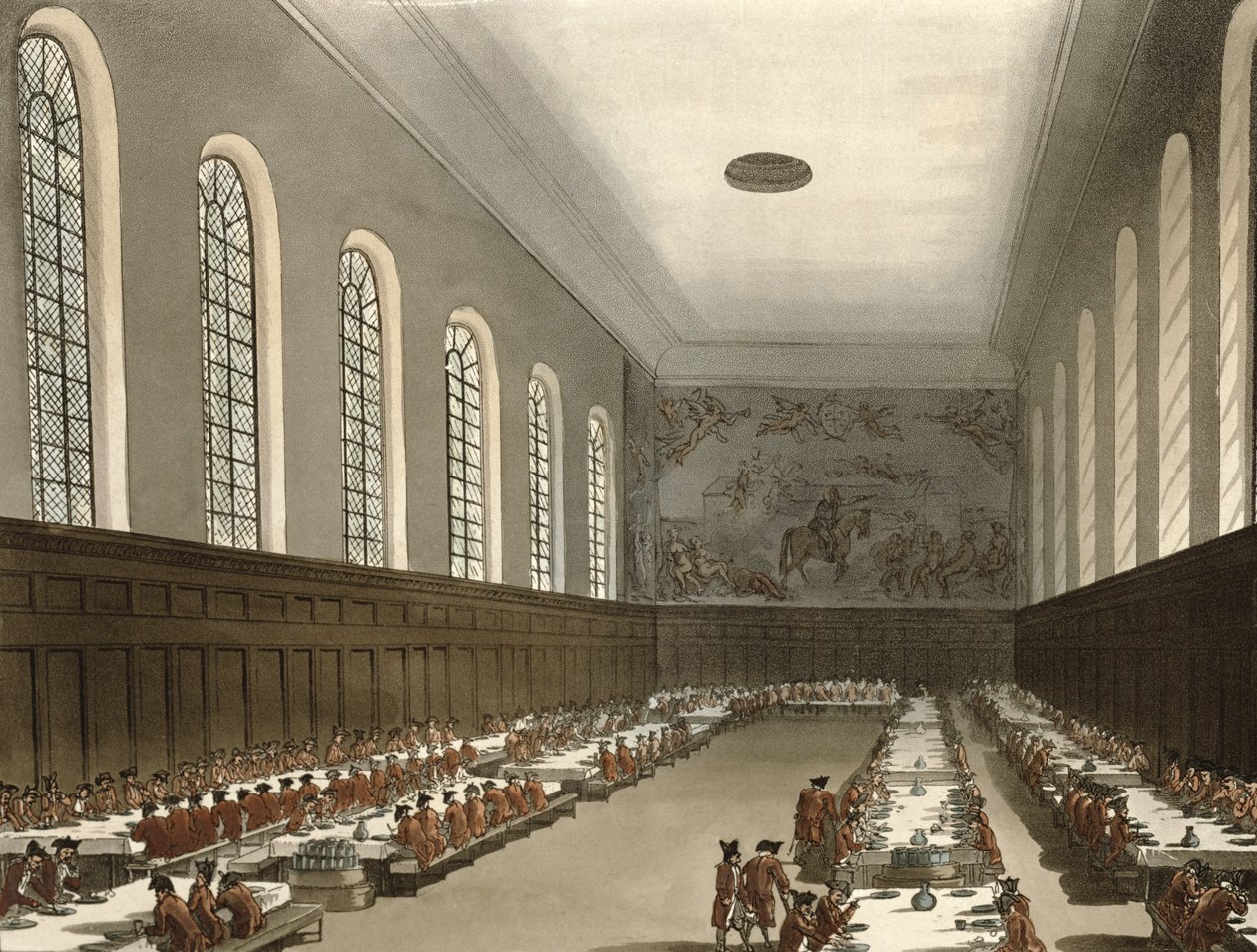 Szpital wojskowy, Chelsea, z „Mikrokosmosu Londynu” Ackermanna autorstwa Pugin and Rowlandson