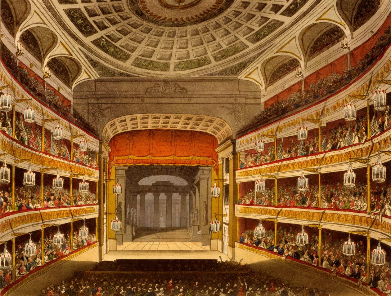 New Covent Garden Theatre, z Microcosm of London, 1810, R Ackermann (akwatinta ręcznie kolorowana) autorstwa Pugin and Rowlandson