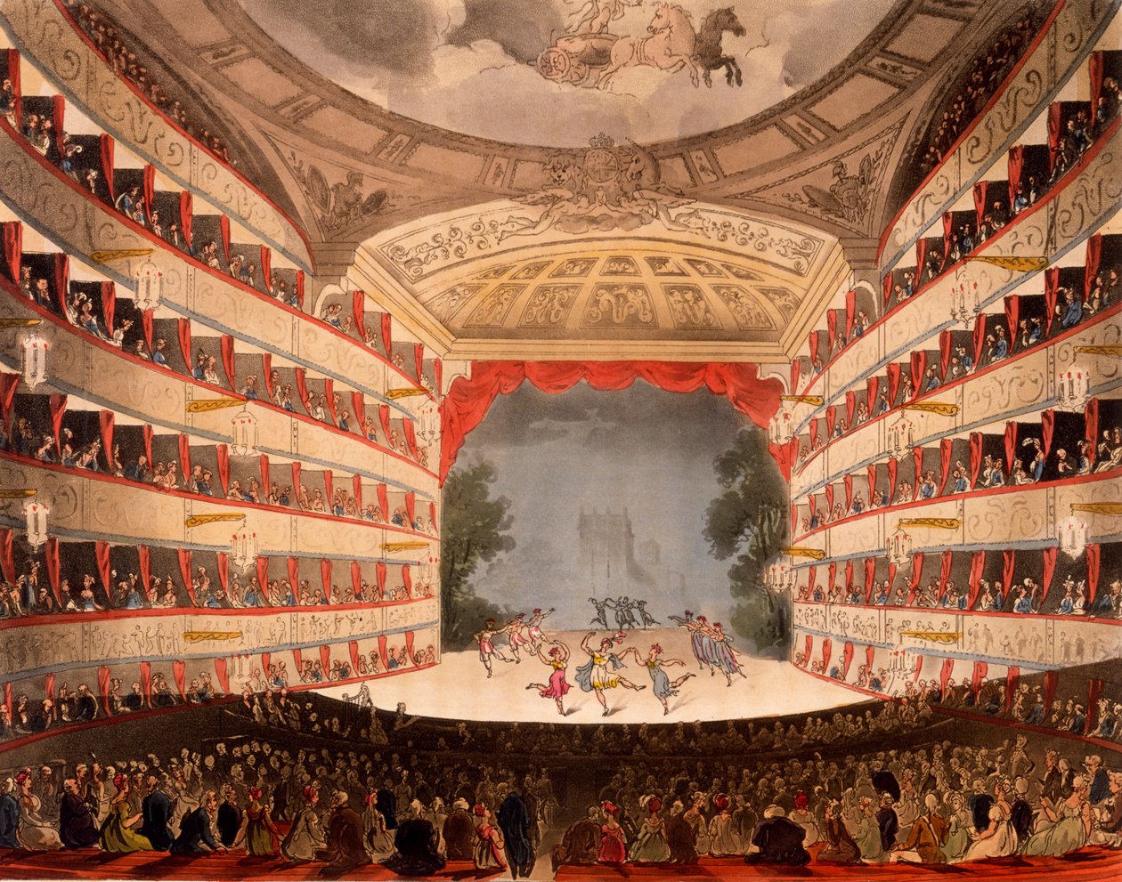 The Opera House, Londyn, z „Repozytorium Sztuki” Ackermanna, 1809 (akwatinta ręcznie kolorowana) autorstwa Pugin and Rowlandson