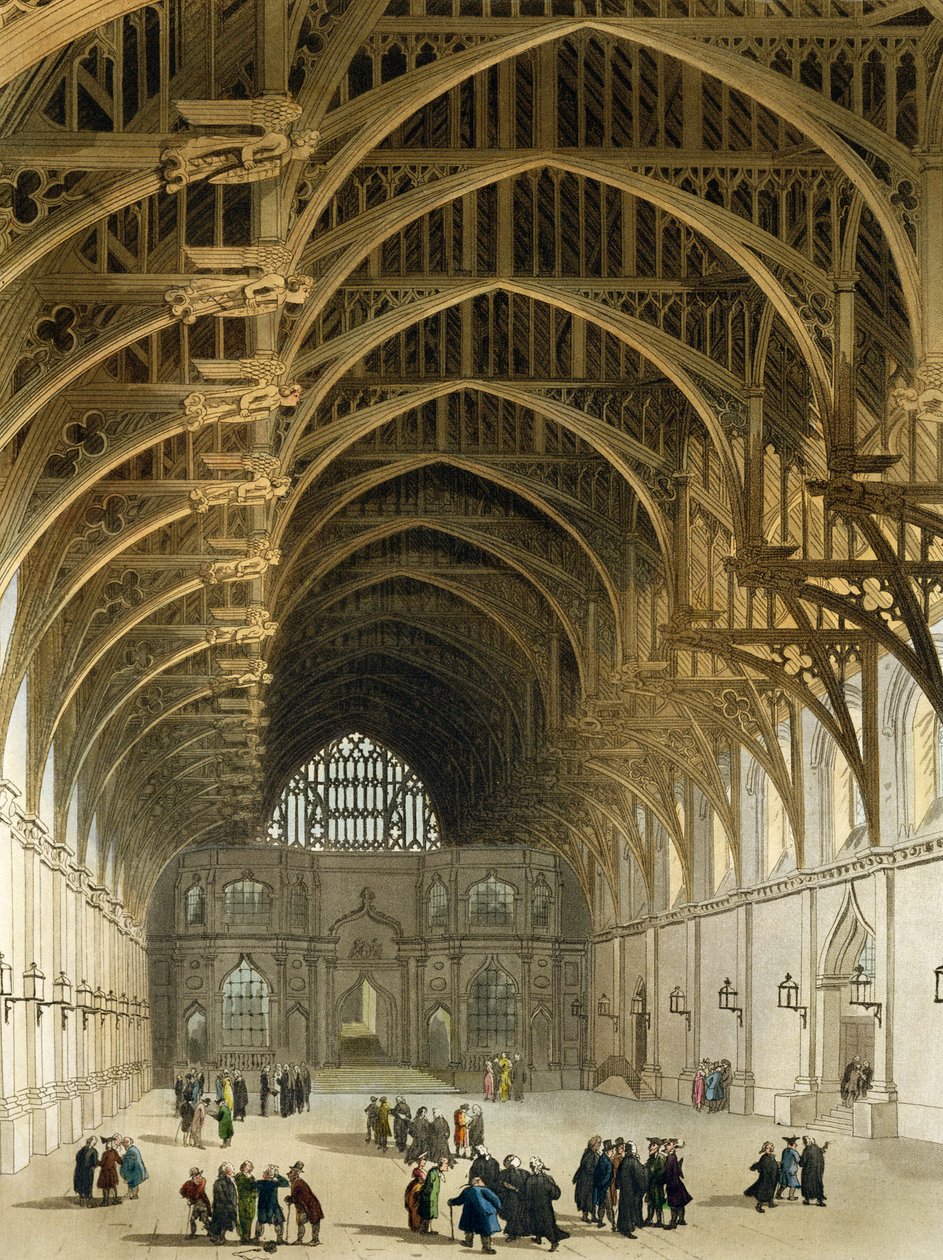 Westminster Hall, ryty J. Bluck (fl.1791-1831) wyd. R. Ackermann, 1809 (kolorowa akwatinta) autorstwa Pugin and Rowlandson