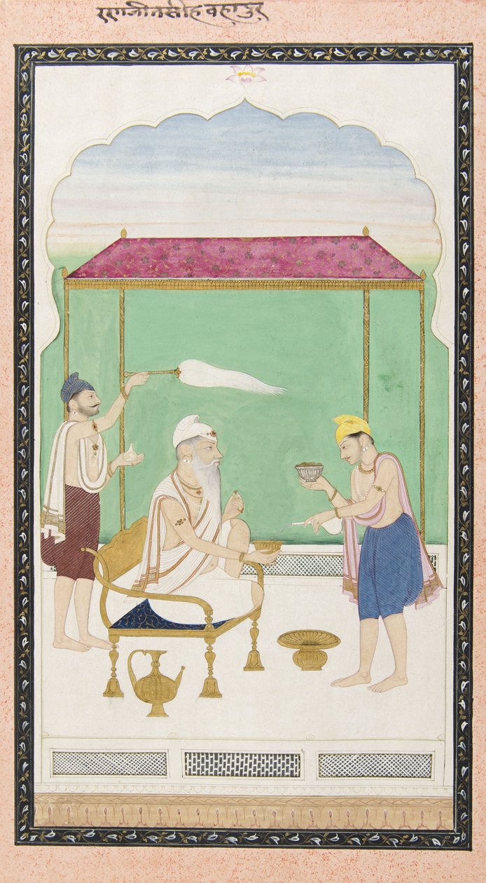 Ranjit Singh siedzący na złotym krześle w towarzystwie nosiciela morchal, c.1830 autorstwa Punjabi School
