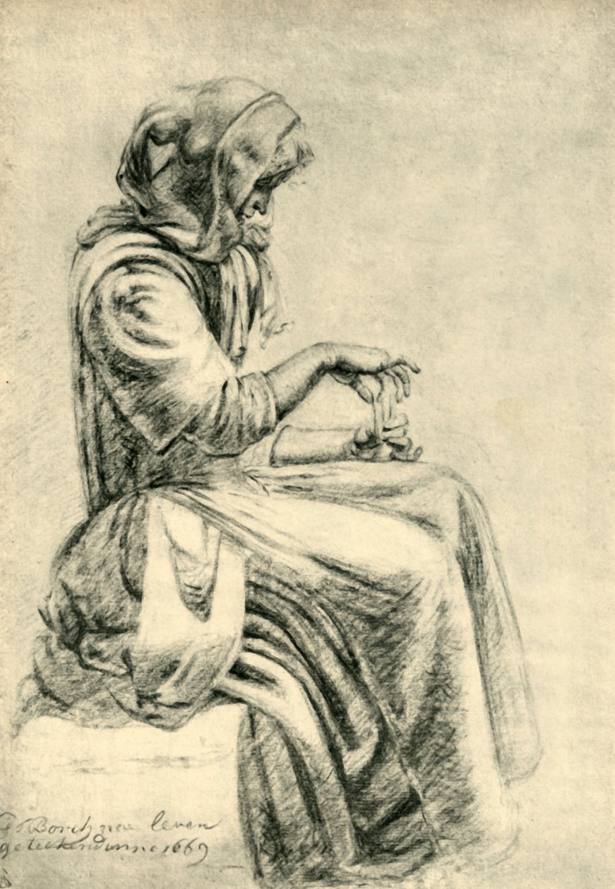 Siedząca kobieta z kartami do gry, 1669, 1943. autorstwa Pupil of Gerard ter Borch II