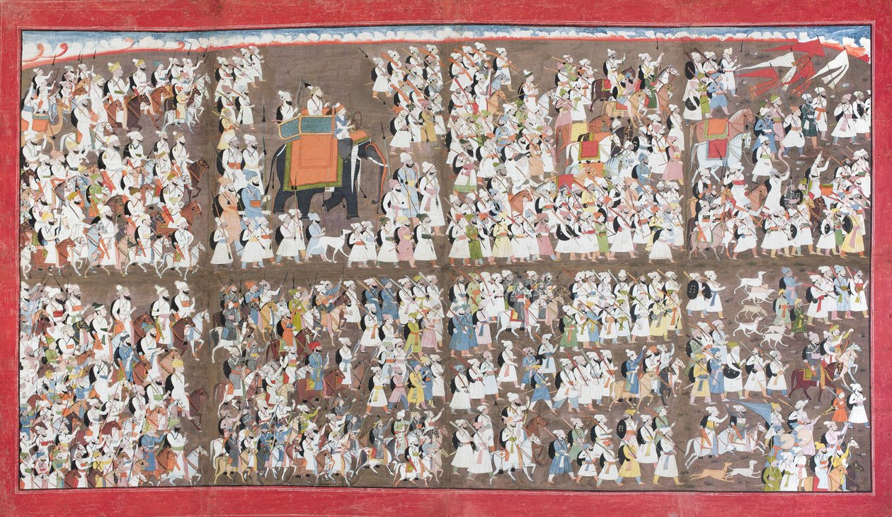 Sansar Chand siedzący na słoniu, otoczony pieszą i konną armią, ok. 1790 r. (nieprzezroczysta toaleta na papierze) autorstwa Purkhu