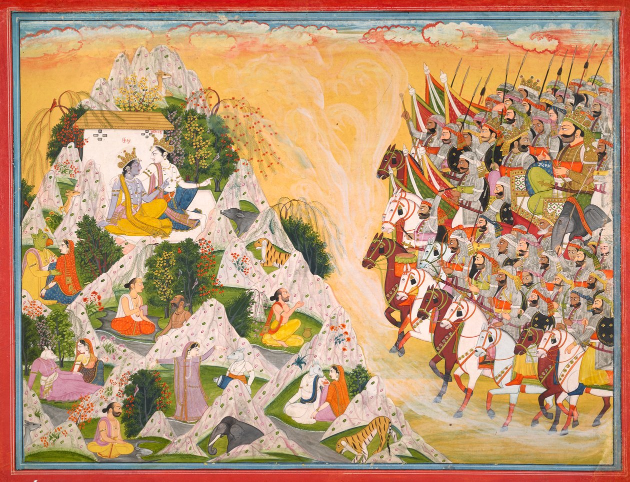 Armia Jarasandhy naciera na Krysznę i Balramę, folio z Mahabharaty, ca. 1800-1815. autorstwa Purkhu