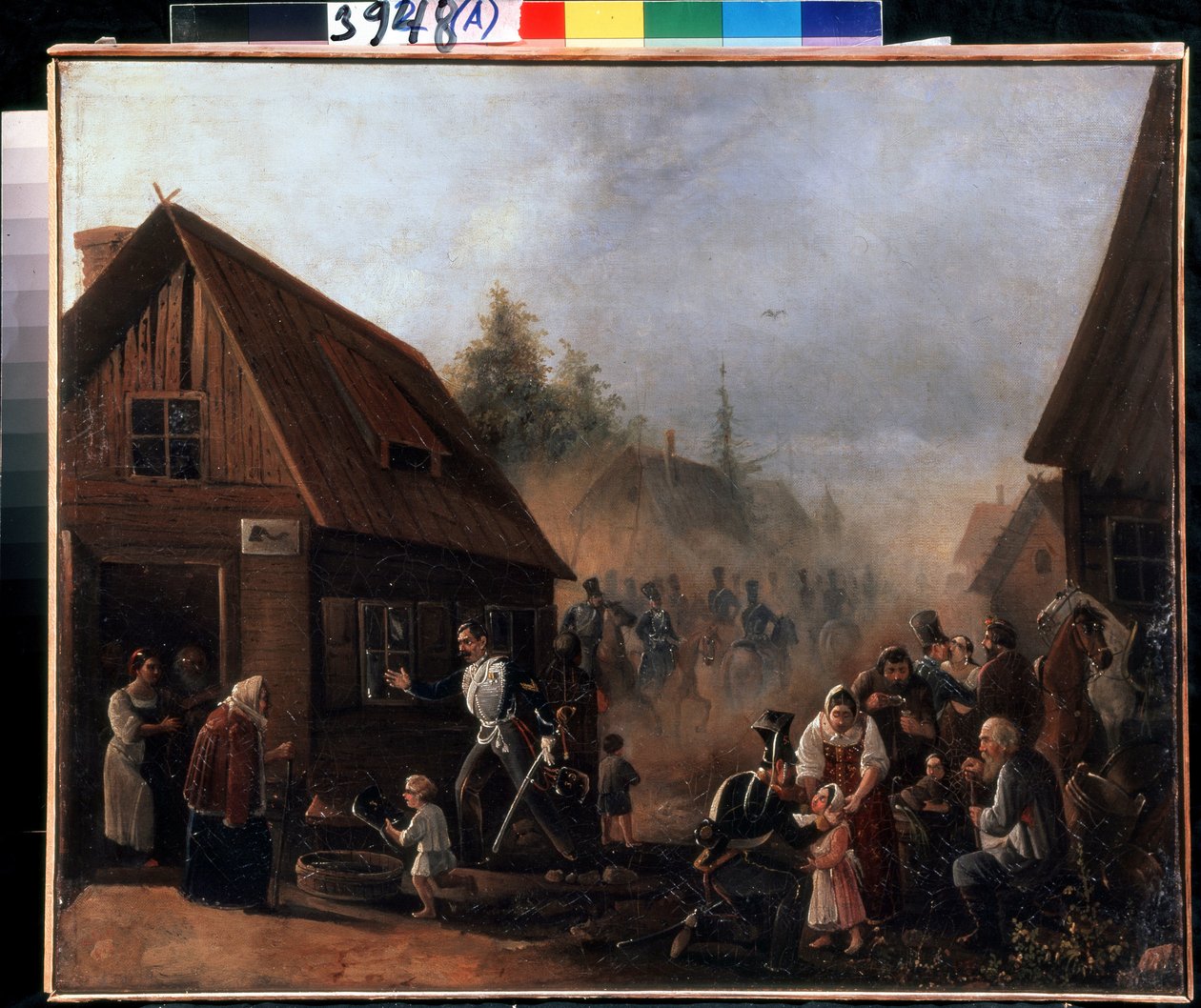Scena wojny rosyjsko-francuskiej w 1812 r. (Scena wojny rosyjsko-francuskiej w 1812 r.). Obraz Piotra Iljicza Bajkowa (1817-?). Olej na płótnie, 45,3 x 55,5 cm autorstwa Pyotr Baykov