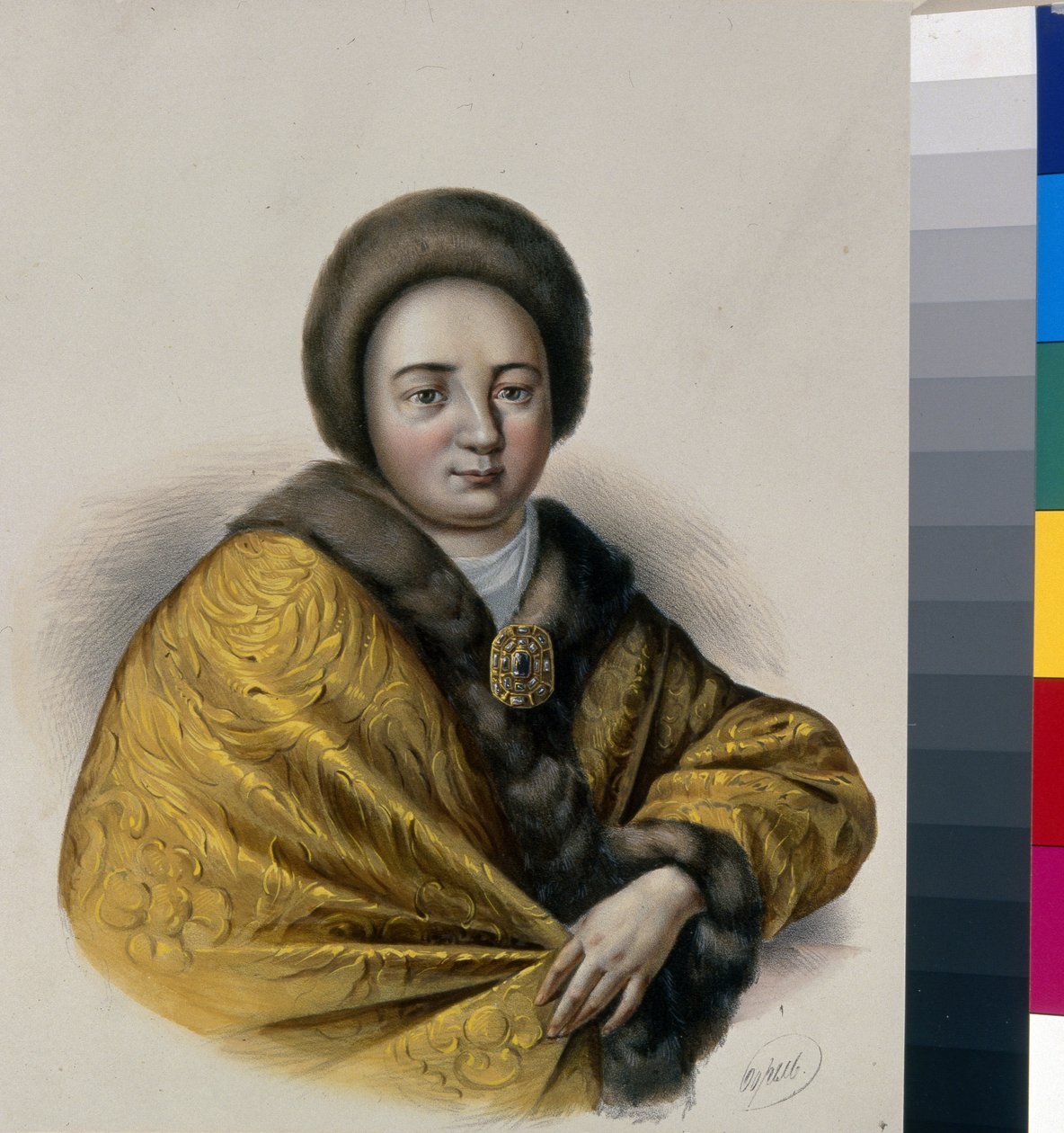 Portret carycy Natalii Naryszkiny (Naryczkiny) (Nathalie Narychkine) (1651-1694), żony cara Rosji Aleksego I (1629-1676). Dzieło Piotra Fiodorowicza Borela (1829-1898), litografia, ok. 1860 r. Sztuka rosyjska autorstwa Pyotr Fyodorovich Borel