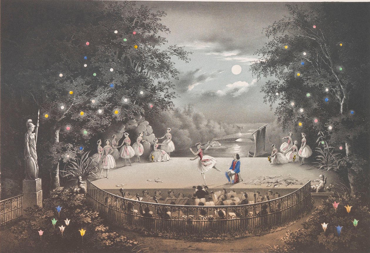 Balet „Najada i rybak” C. Pugni w pawilonie Pink, w parku Peterhof, 1851. autorstwa Pyotr Fyodorovich Borel