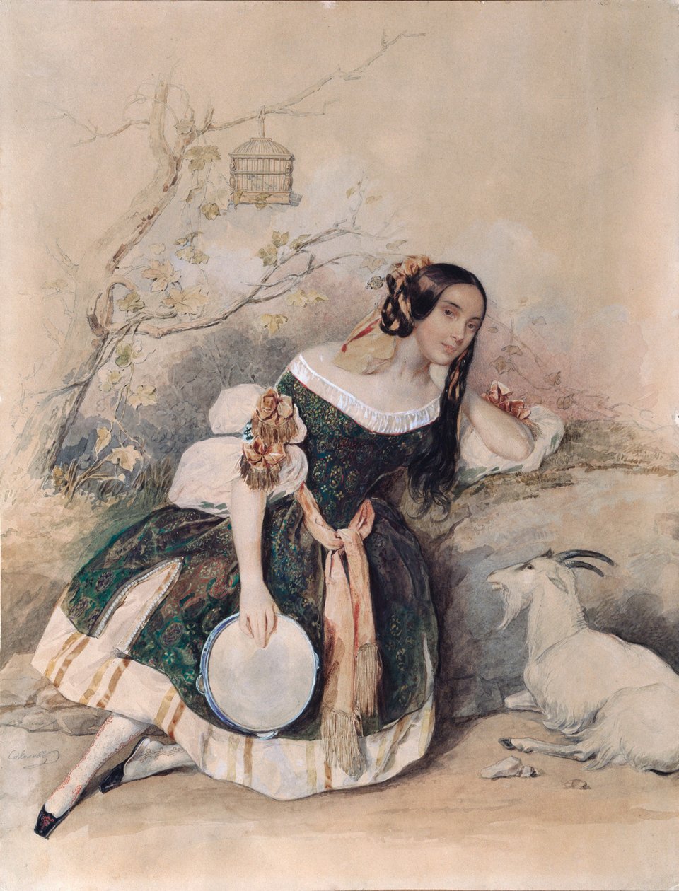 Szmaragd. (Balerina do baletu Mariusa Petipy (1818-1910) zaadaptowana z „Notre Dame de Paris” Victora Hugo (1802-1885) Dzieło Piotra (Piotra) Fiodorowicza Sokołowa (Pierre Sokołowa) (1791-1848 ), akwarela, gwasz, biel i złoto na papierze Art r autorstwa Pyotr Fyodorovich Sokolov