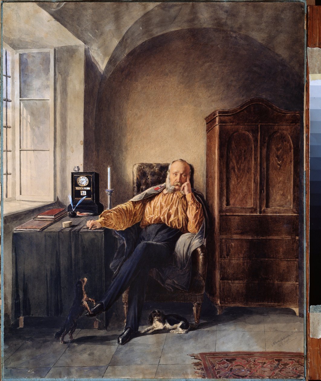 Emerytura. (Sam człowiek, pogrążony w myślach przy biurku). Praca Piotra (Piotra) Pietrowicza Sokołowa (1821-1899), akwarela i biały na papierze autorstwa Pyotr Fyodorovich Sokolov
