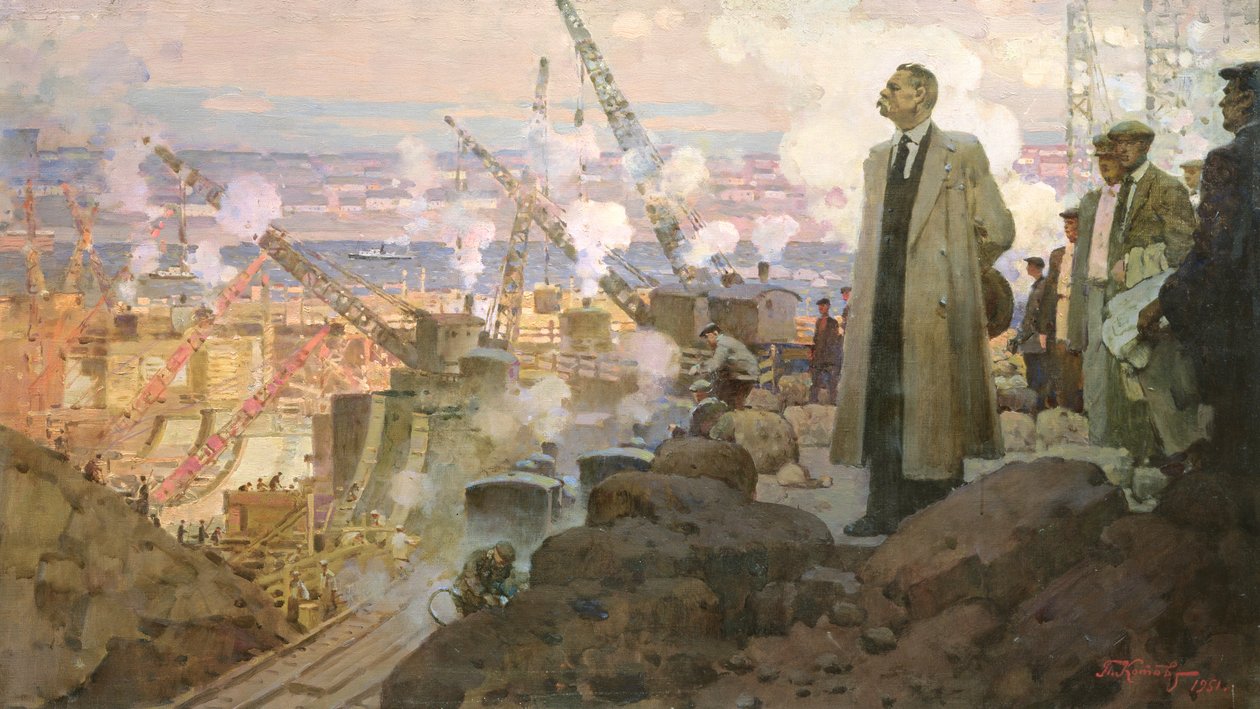 Maksym Gorki (1868-1936) na budowie elektrowni wodnej "DnieproGES autorstwa Pyotr Ivanovich Kotov